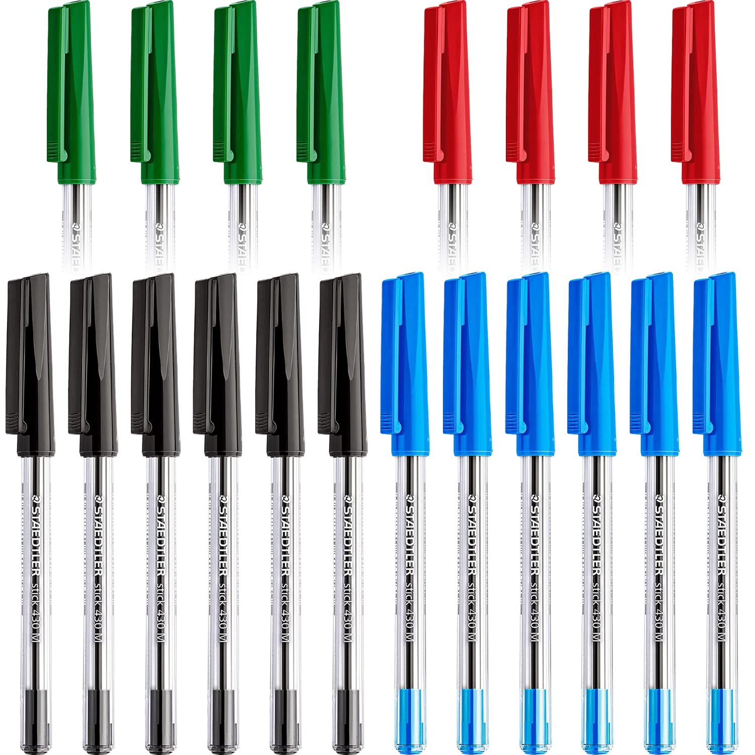 STAEDTLER Medium 0.5mm 430 M Stick Ballpoint Pens Writing Pen Smooth - 6 x Black, 6 x Blue, 4 x Green & 4 x Red Ink - Pack of 20