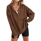 PRETTYGARDEN Button Up Hoodie for Women 2026 Spring Shirts Long Sleeve Oversized Sweatshirt Loose Fit Casual Pullover Tops(Brown,Large)