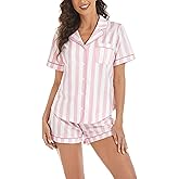 LUBOT 100% Cotton Pajamas for Women 2 Piece PJ Set Button-Down Soft Knit Short Sleeve Summer Sleepwear Loungewear XS-XXL
