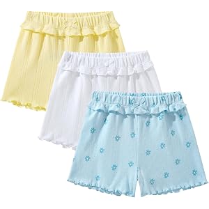 TRND O&X Baby Girl 3-Pack Ruffle Pointelle Bloomers, Soft Cotton Knit Elastic Waist Shorts, Yellow/White/Blue