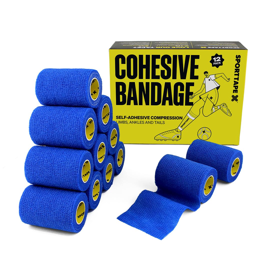 12 Rolls SPORTTAPE Cohesive Bandage | Self Adherent Vet Wrap - 7.5CM x 4.5M - Blue | Football Sock Wrap & Shin Guard Tape for Wrist & Ankle Sprains, Swelling & Compression Bandage