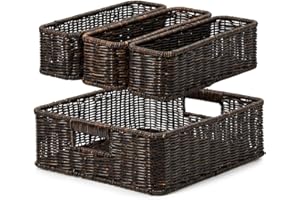 EZOWare Set of 4 Decorative Woven Storage Tray Bins, Resin Wicker Tray Drawer Organizer Basket Containers for Baby Nursery Room - 2 Sizes, Dark Brown