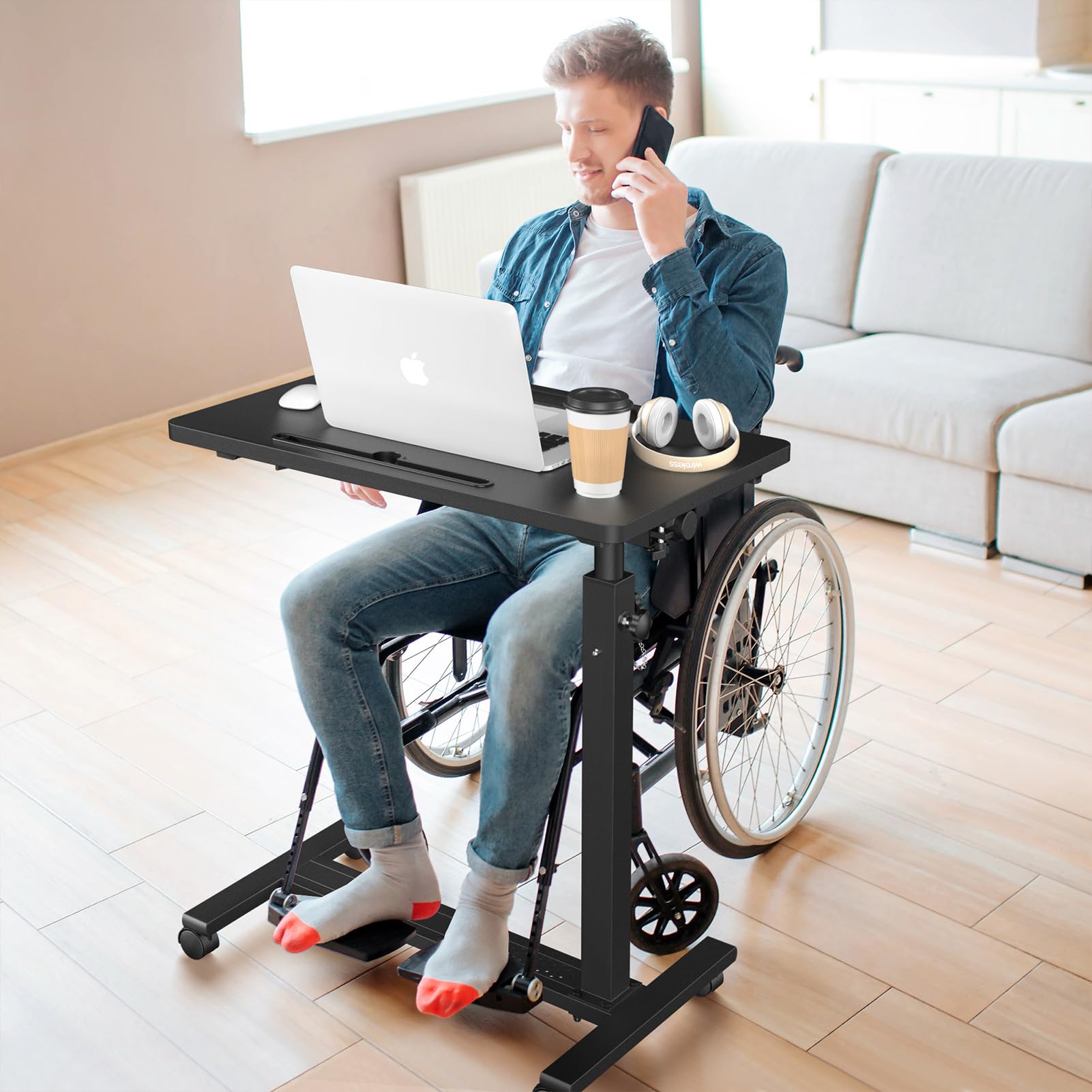 Adjustable Overbed Bedside Table, Hospital Bed Table with Wheels, Portable Rolling Desk, Mobile Small Standing Desk, Rolling Laptop Stand, Computer Cart