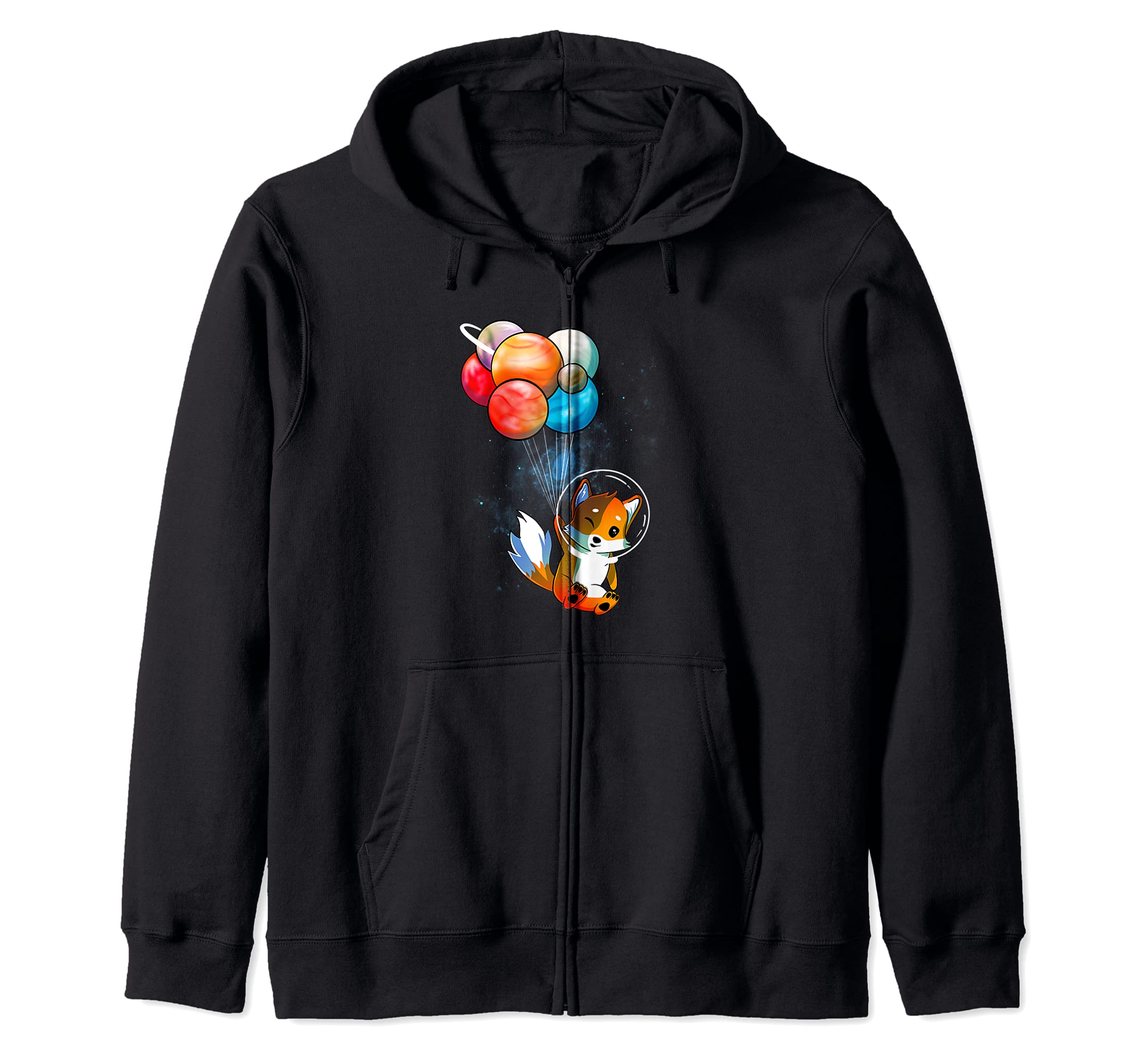 Funny Outer Space Fox Balloon Planets Space Travel Universe Zip Hoodie