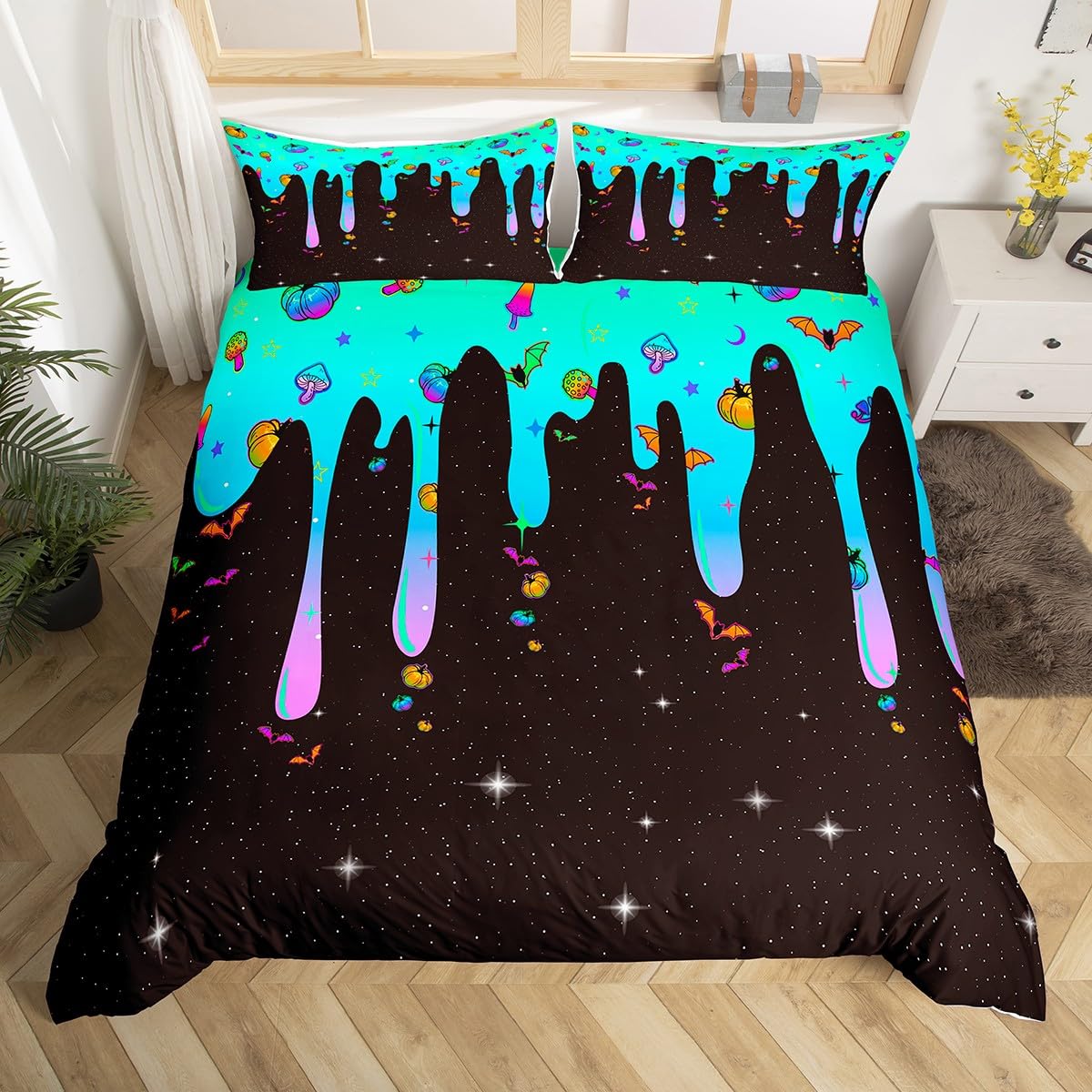 Halloween Bedding Set Pumpkin Duvet Cover for Boys Girls Bedroom Decor Mushrooms Comforter Cover Set Bat Blue and Black Bedspread Cover With 2 Pillow Case King