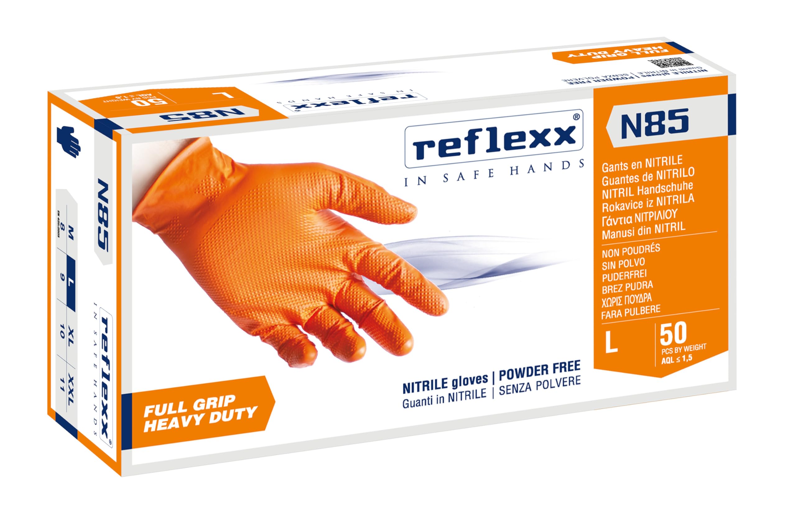 Reflexx N85/L FULL GRIP Nitrile Gloves, Large, Orange, Pack of 50
