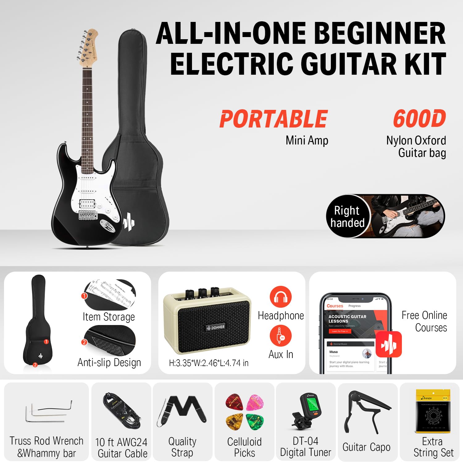 Donner DST-100B Kit para principiantes de guitarra eléctrica de 39 pulgadas, cuerpo sólido, tamaño completo, HSS negro para principiantes, con amplificador, bolsa, afinador digital, cejilla, correa, cuerda, cable, púas