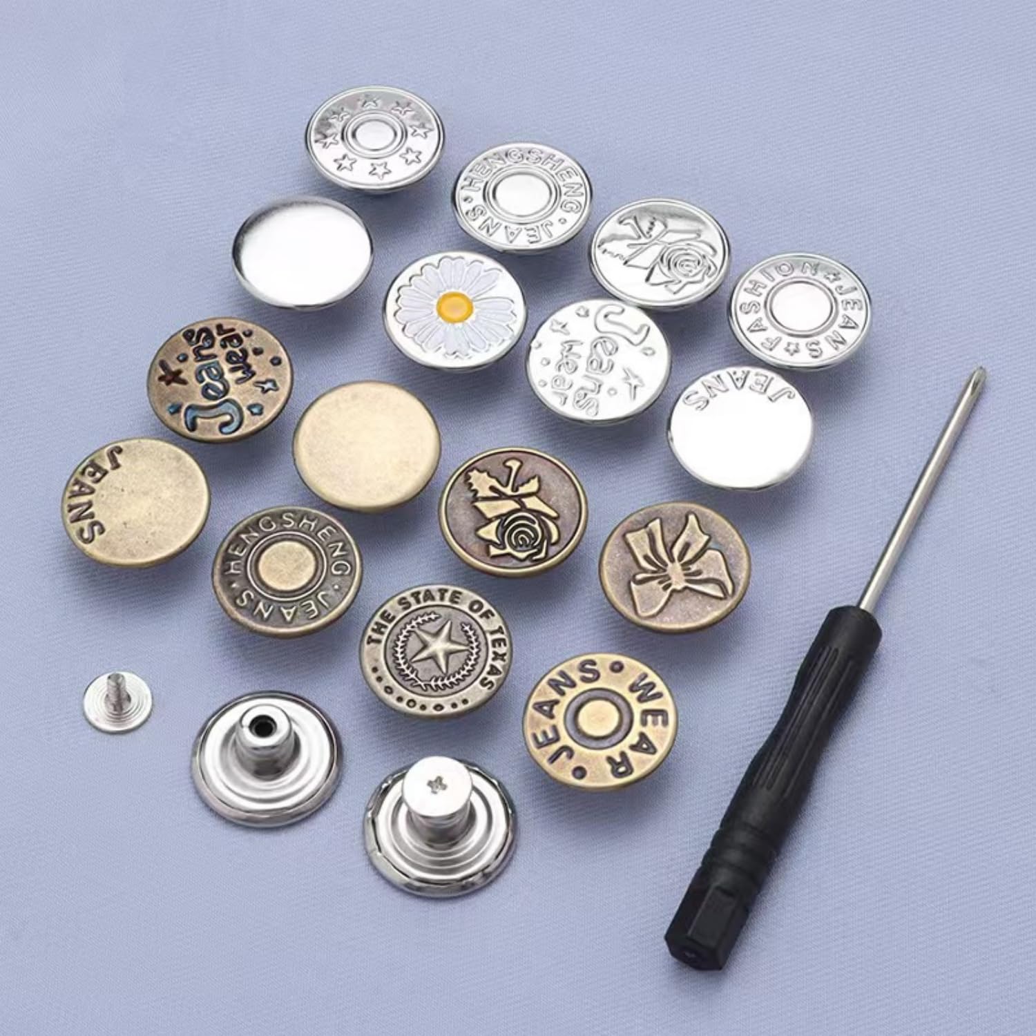 Photo 1 of 20 Sets Jeans Buttons Replacement, 17 mm and 20 mm, Metal No-Sew Removable Buttons, Repair Kit with Threads, Rivets, Screwdrivers, Storage Box