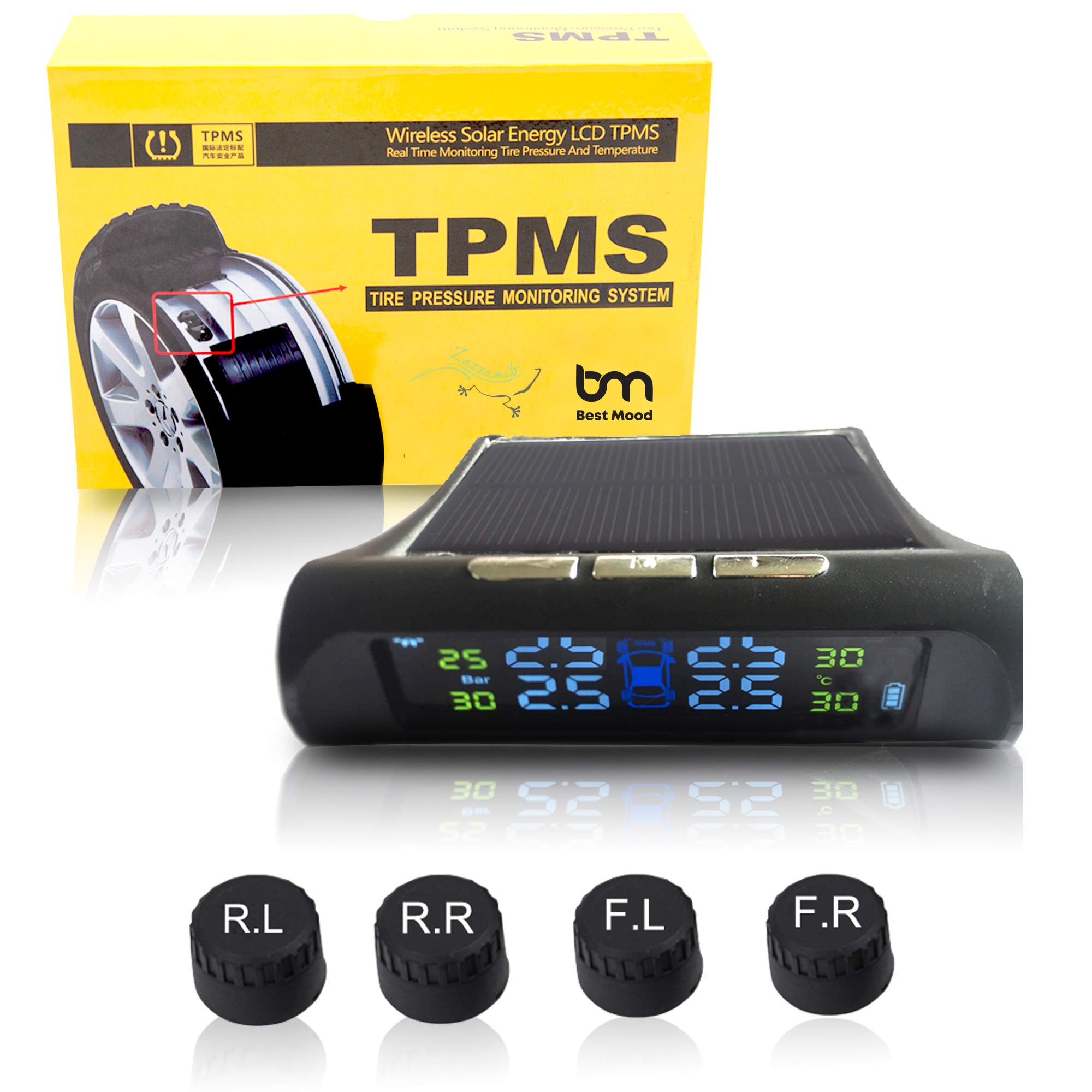 ZEEPIN TPMS Solar Power Universal Wireless Tire Pressure Monitoring System with 4 DIY External Sensors(0bar-6.0bar/0 psi - 87 psi) & Real-time Displays 4 Tires' Pressure and Temperature