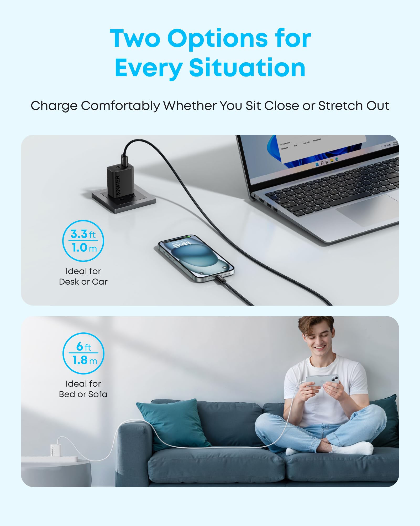 Anker Zolo USB to USB C Cable, Seamless CarPlay Connesction, Durable and Braided Type C Cable, Premium Look with Slim Connector, for iPhone 17/16 Series, iPad Pro, and More (Black, 3.3FT)