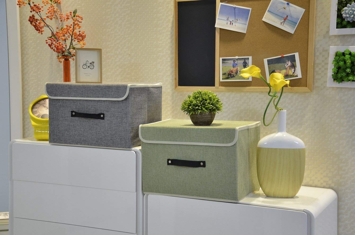 EZ GENERATION Storage Bins Set, Storage Baskets Pack of 2 Foldable Storage Boxes Cubes with Lids, Fabric Storage Bin Organizer Collapsible Box Containers for Nursery,Closet,Bedroom,Home(Light Gray)