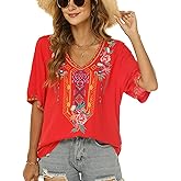 Higustar Women's Mexican Embroidered Tops Traditional Boho Peasant Shirts Summer Short Sleeve Tunics Blouses Hippie Clothes