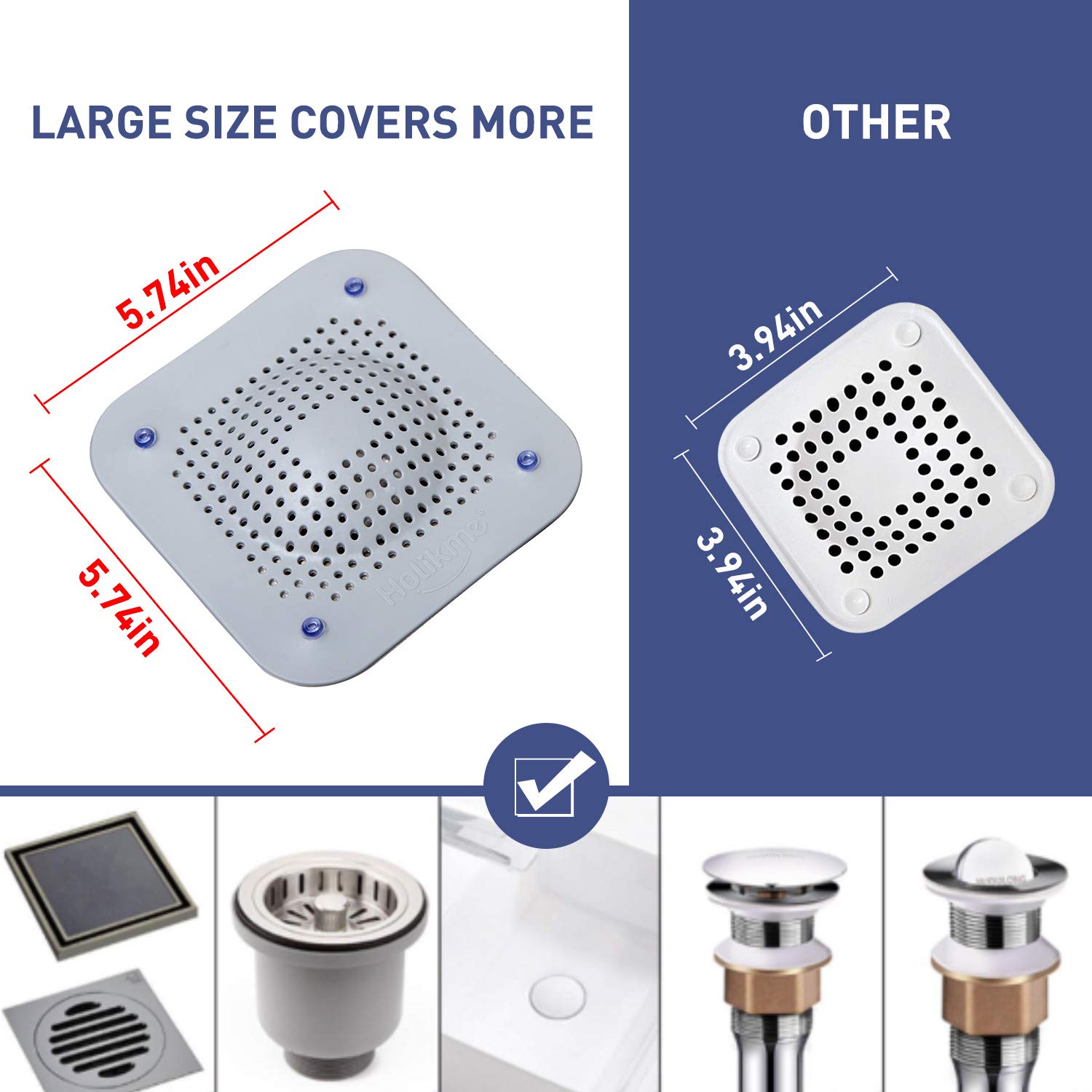 Holikme Drain Hair Catcher Shower Drain Cover, 2 Pack Silicone Drain Protector with 12 Detachable Suckers, Shower Drain Hair Trap for Tub,Bathroom,Kitchen,Bathtub,Sink,Wash Basin, White/Grey