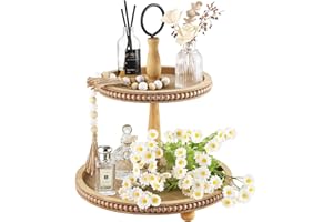 SYNCVIBE Beaded Tiered Tray Stand, Rustic Wooden 2 Tier Decorative Tray with Bead Garland, Farmhouse Round Wood Serving Tray Counter Centerpiece for Coffee Bar Home Decor Holiday Housewarming Gifts (Brown)