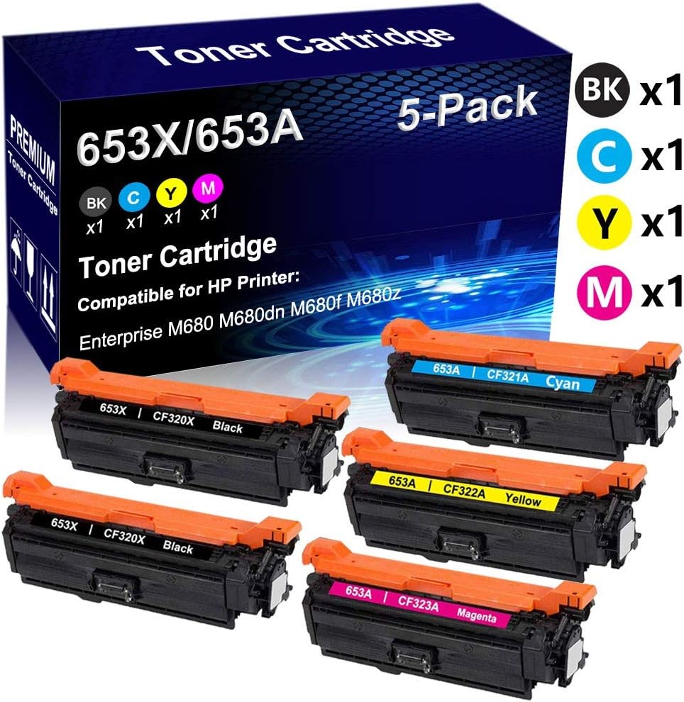 5-Pack (2BK+C+Y+M) Compatible High Yield 653X 653A (CF320X+ CF321A+ CF322A+ CF323A) Imaging Toner Cartridge use for HP Color Laserjet M680z Printer