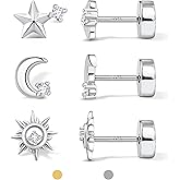 Dochais Flat Back Stud Earrings for Women and Men, Hypoallergenic 14k Gold Plated 925 Sterling Silver Post Stud Earrings Set, Gold and Silver Earrings with Screw for Sensitive Ears, Ideal for Helix, Tragus, and Cartilage Piercings