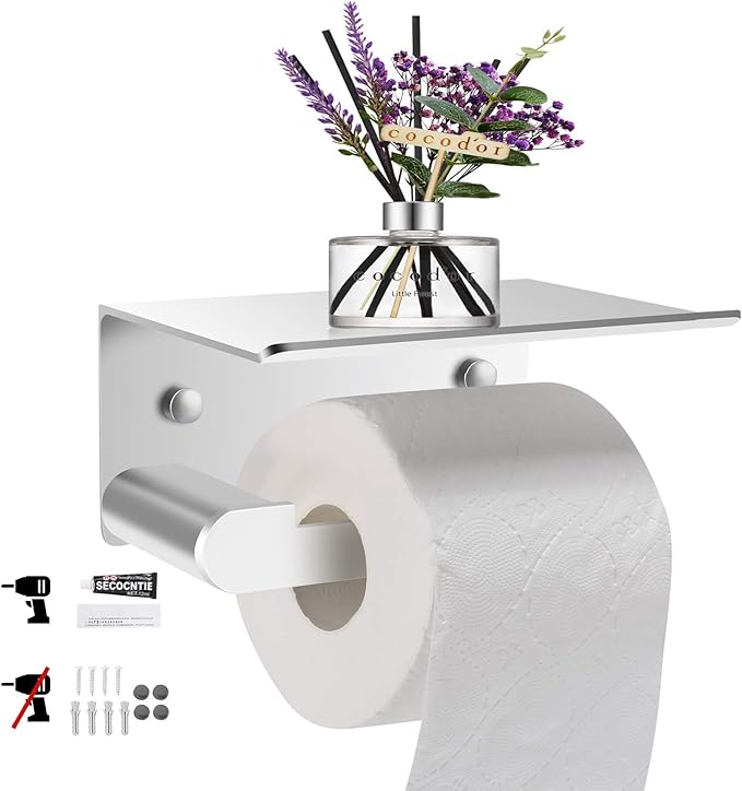 Toilet Roll Holder, Self Adhesive with No Drilling or Wall Mounted with Screws, SpaceGrade