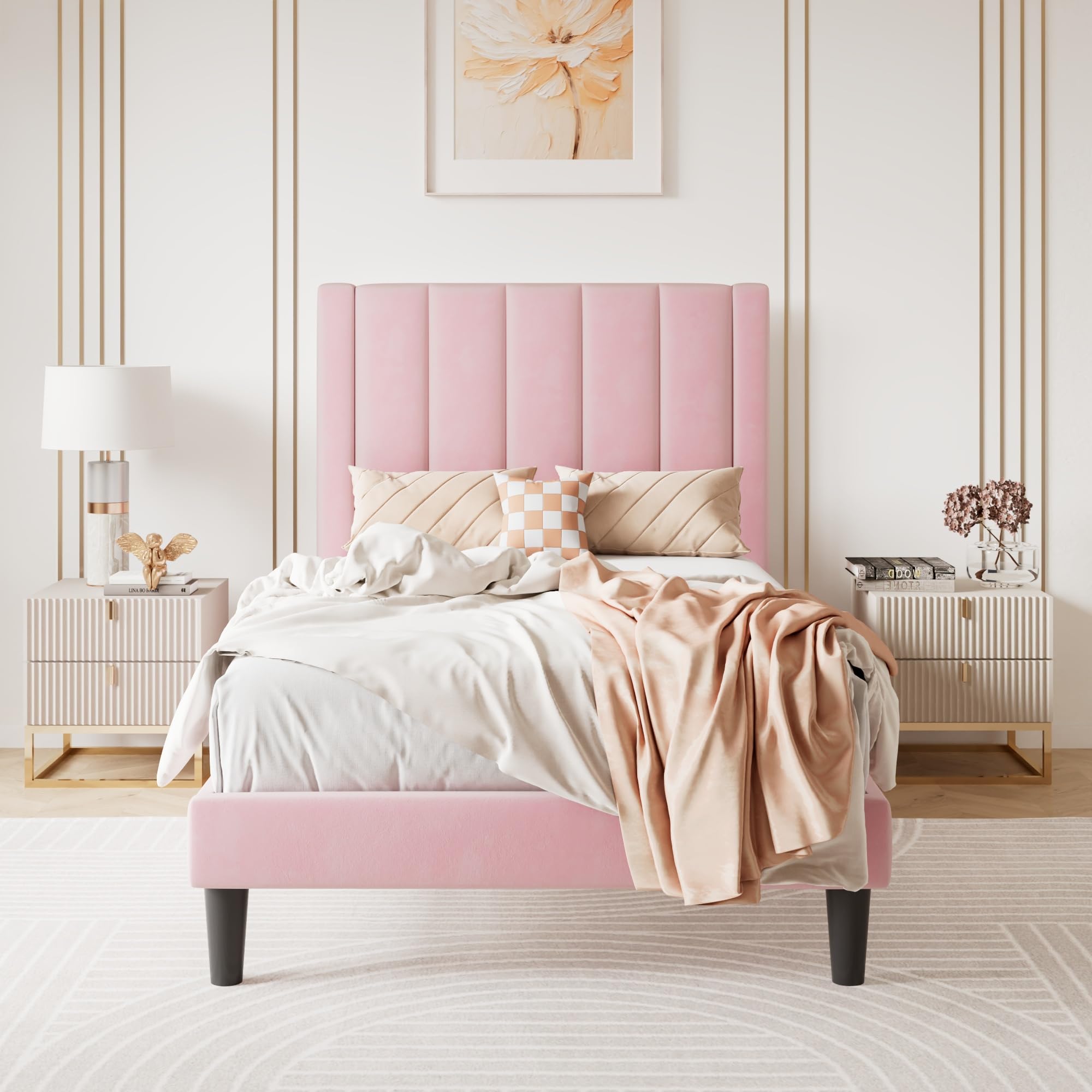 SHA CERLIN Twin Bed Frame/Velvet Upholstered Platform Bed Frame with Headboard/Strong Wood Slats Support/Mattress Foundation/No Box Spring Needed - Pink Image
