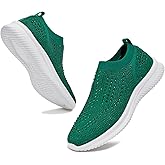 BELOS Women's Rhinestone Mesh Slip On Walking Shoes Fashion Breathable Spakle Glitter Sneaker