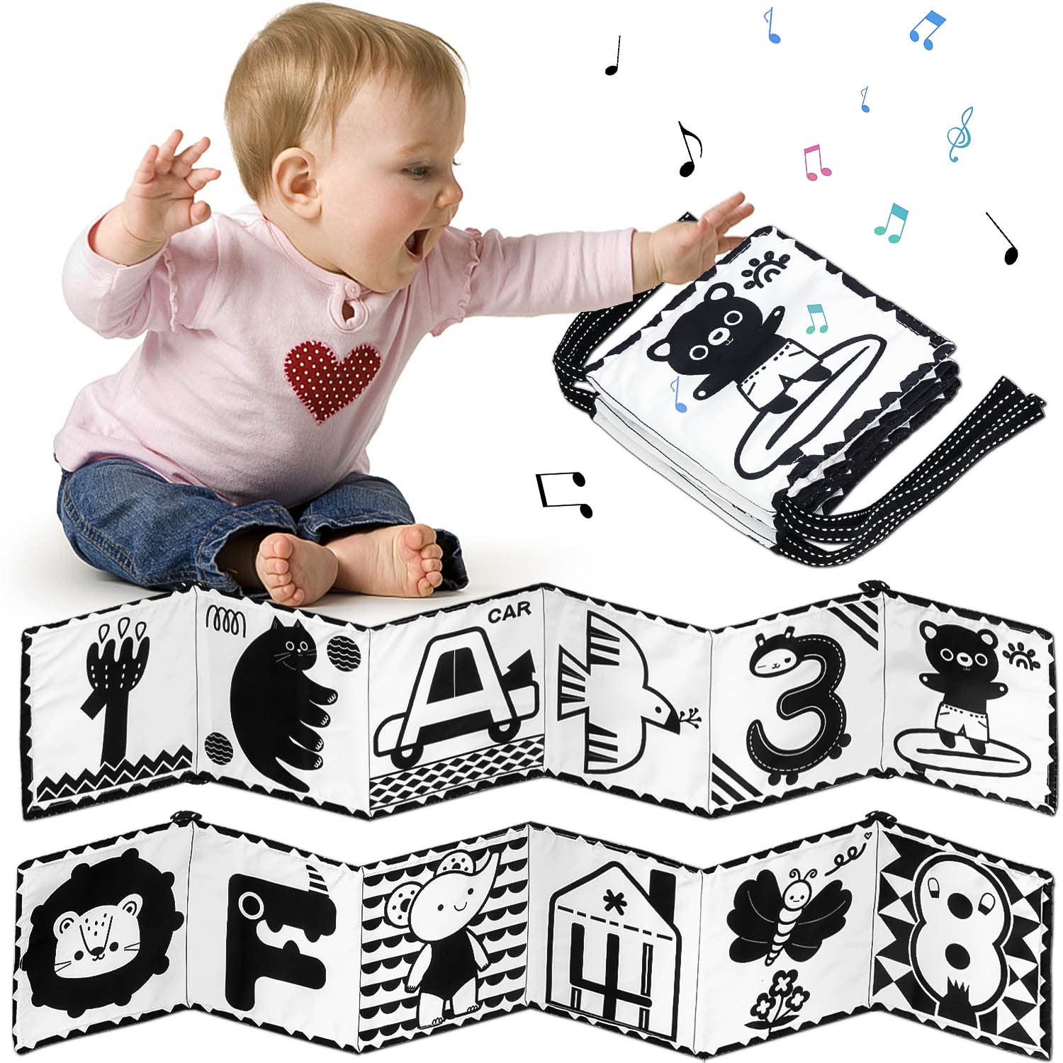Prmape Black and White Sensory Toys, High Contrast Soft Cloth Book, Newborn Sensory Toys, Books for Newborns 0-6 Months for Babies Toddlers Newborn Early Education