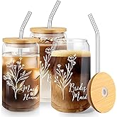 Layhit 3 Pcs Bridesmaid Gifts Bridesmaid Proposal Gifts 16 Oz Cute Can Shaped Drinking Glasses with Bamboo Lids and Glass Straw Iced Coffee Cup Mason Jar Cups for Engagement Wedding Bridal
