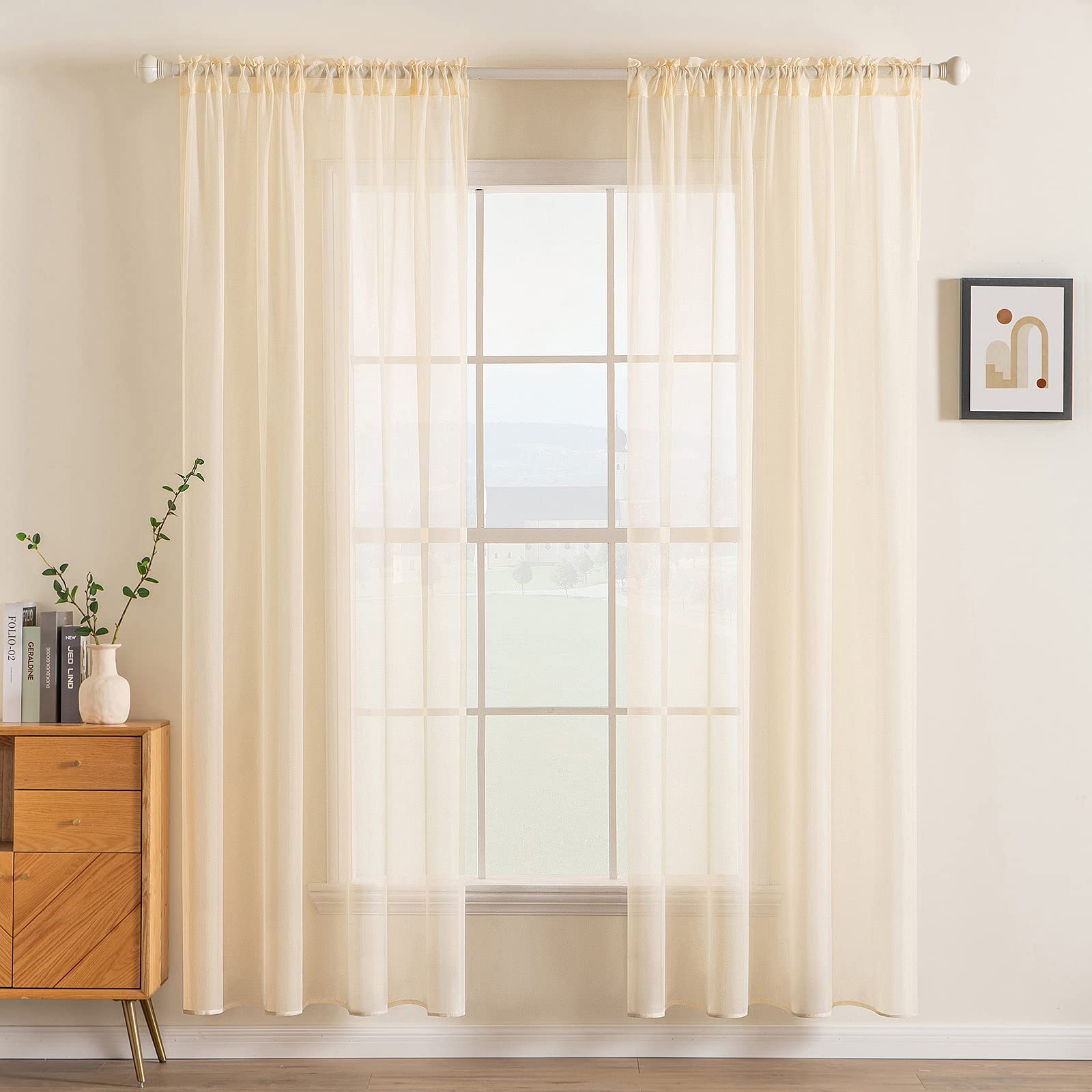 MIULEE Voile Curtain Panels 2 Sets Semi Transparent Sheer Window Curtains Solid Soft Voile 57 Inch Drop for Bedroom Living Room Rod Pocket 55" Wx 57" L (140x145cm), Tender Yellow