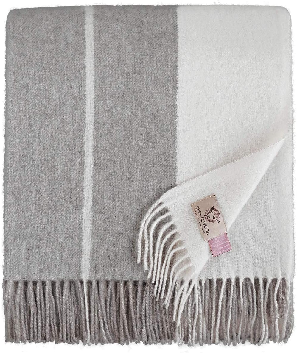 Linen & Cotton Soft Striped Throw/Blanket Anna with Fringe, 100% Fine Merino Wool