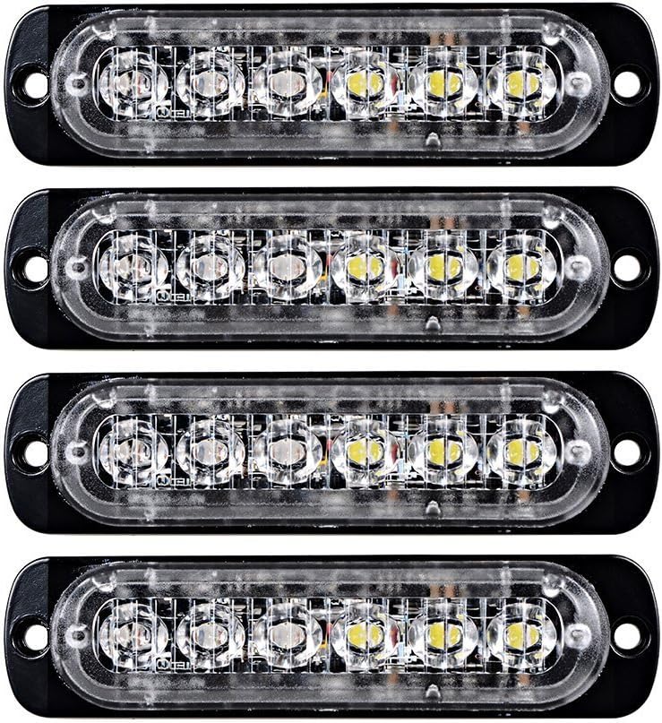 XT AUTO 4pcs Universal 12V-24V Super Bright Red/White 18W 6-LED Warning Emergency Construction Surface Mount Beacon Flash Caution Strobe Light Bar