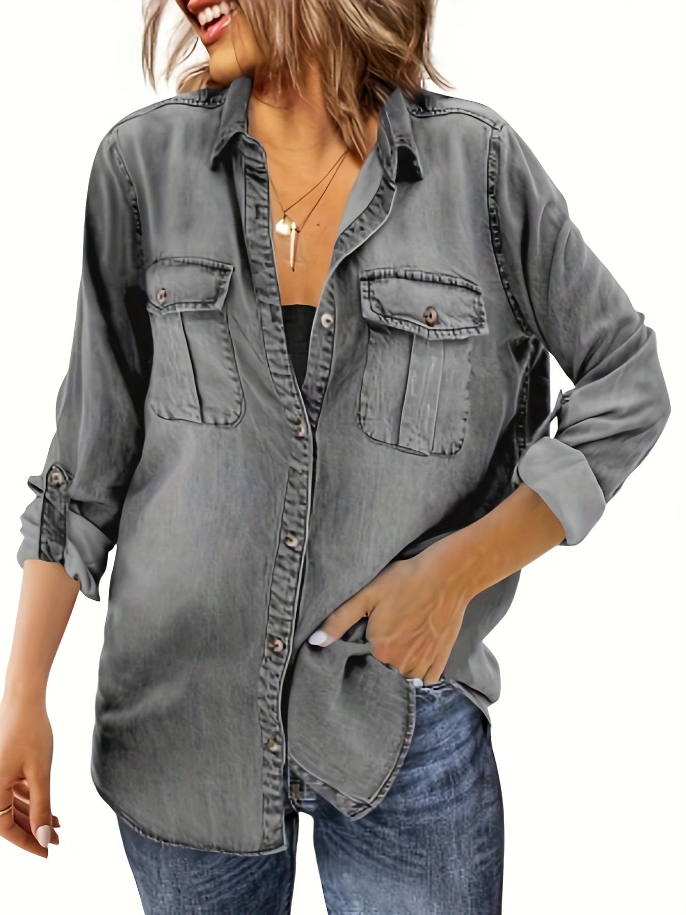 Photo 1 of Runcati Womens Button Down Denim Shirt Long Sleeve Roll Up Casual Oversized Jean Shirt Jacket Distressed Tunic Tops Gray size XL
