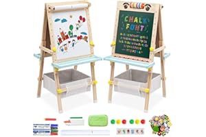 EAPURA Easel for Kids,Wooden Adjustable Artist Standing Painting Easel 22-44.3'' with Blackboard & Whiteboard Including Whiteboard Pen,Dust-Free Pen,Eraser,Letter,ect
