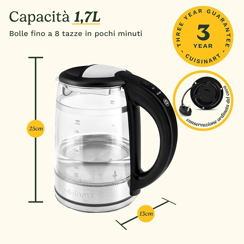 Bollitore in vetro 1,7 L con controllo temperatura variabile, ebollizione rapida 3 kW, design doppia parete, beccuccio antigoccia, base girevole 360°, touch screen, senza BPA