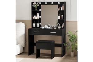 Lilvduybz Makeup Vanity Table with Stool, Vanity Desk with 2 Large Drawers and 6 Storage Shelves, Bedroom Dressing Vanity Tab