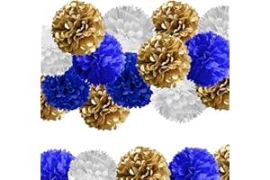 AimtoHome 12 Piece Navy Blue Gold White Paper Pom Poms Party Kit,Tissue Pom Pom Decorations for Birthday Party, Family Gather