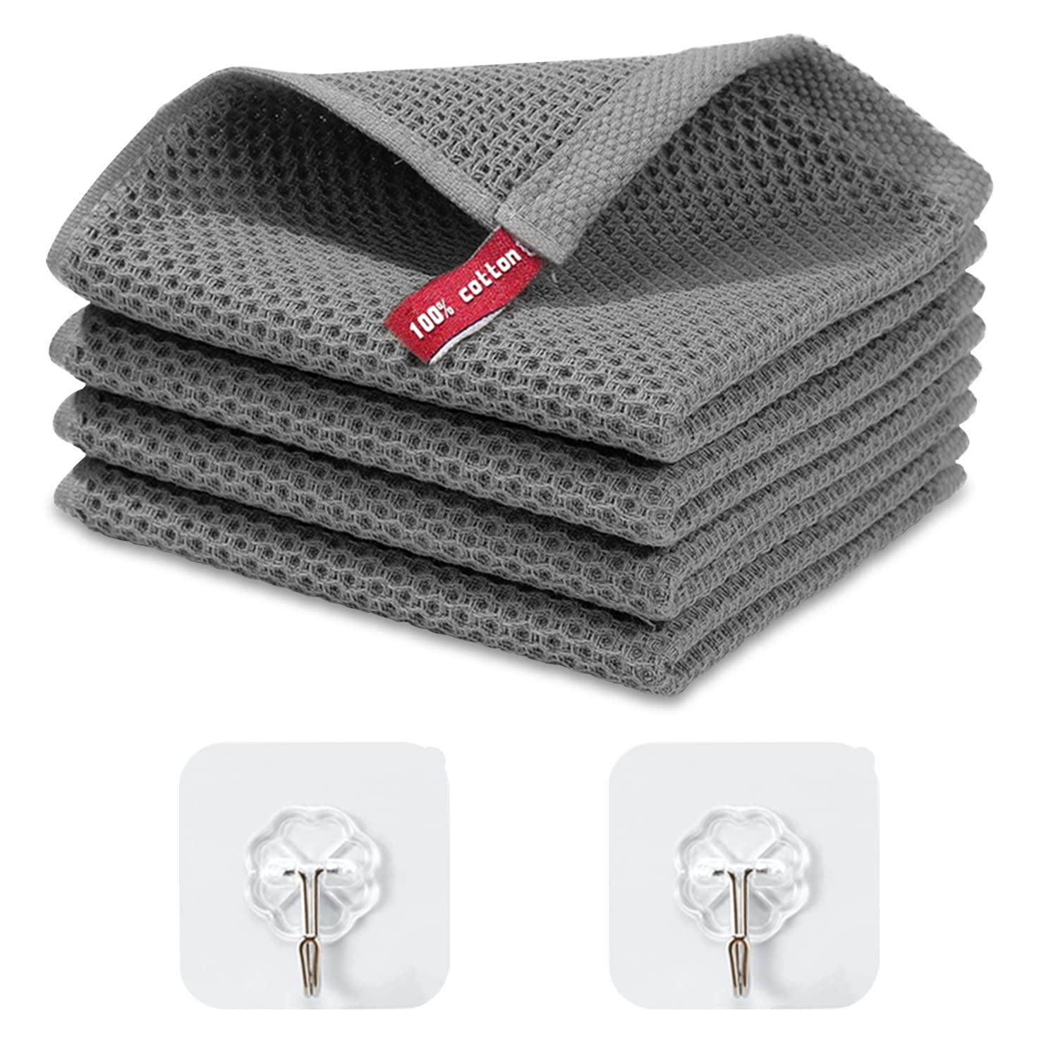 NINVVS 4pcs kitchen towels 2pcs Transparent Hooks, Highly Absorbent, Soft and Durable Kitchen Cloth, Waffle Weave Kitchen Dishcloth for Kitchen, Restaurant, Bar (Dark Gray)