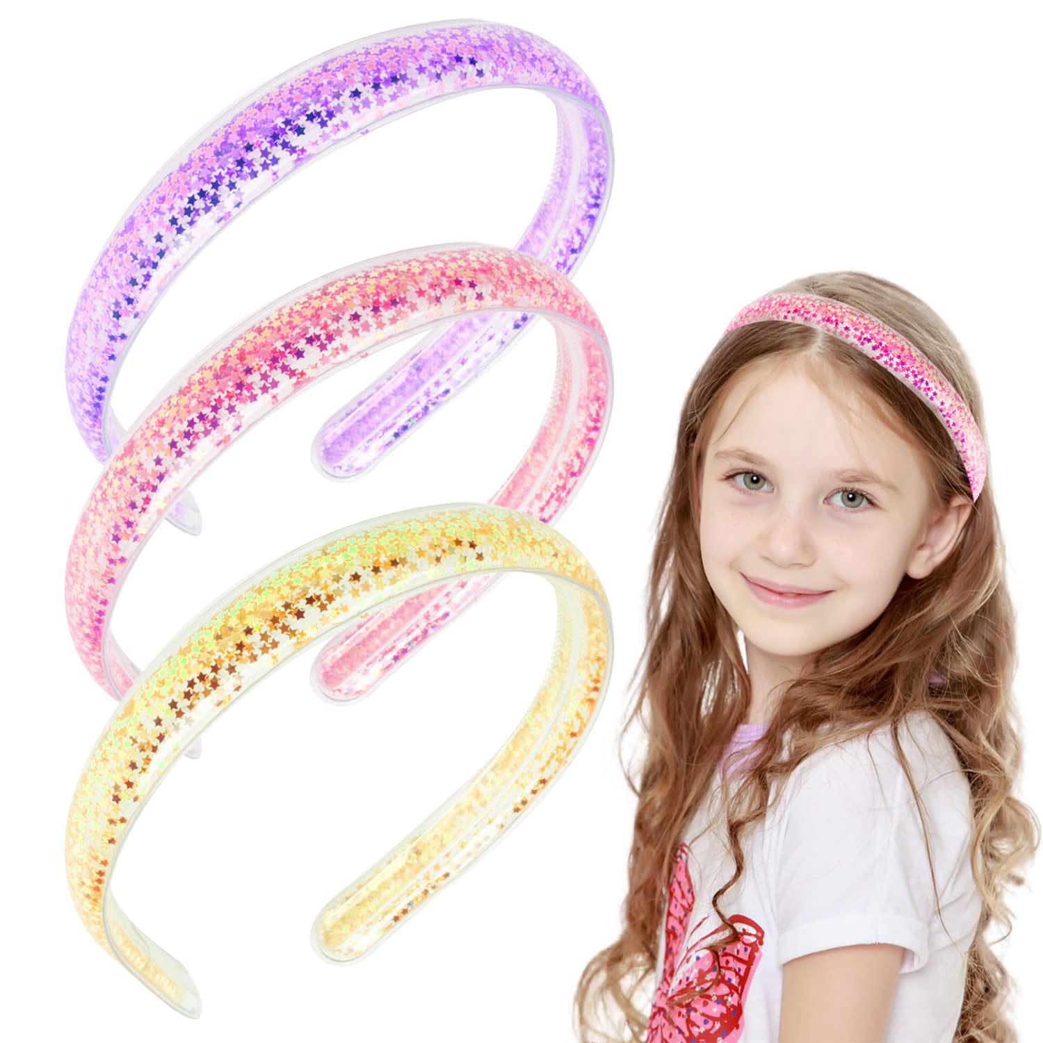 3 PCS Sparkly Headbands for Girls, Sparkly Confetti Headband with Teeth for Kids, Cute Rainbow Pink Purple Blue Hard Head Bands, Little Girl Hair Accessories