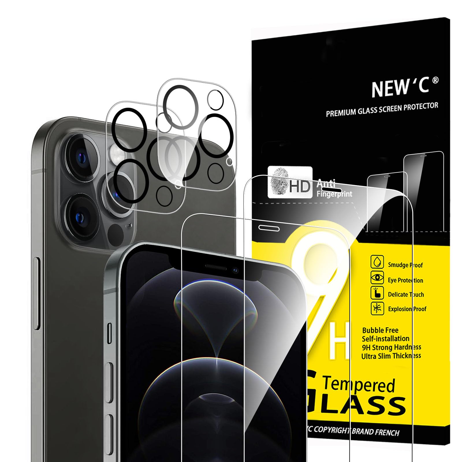 NEW'C 4 Pack, 2 Pack for iPhone 12 Pro Max Screen Protector + 2 Pack Camera Lens Protector, Sensor Protection,Case Friendly Tempered Glass Film
