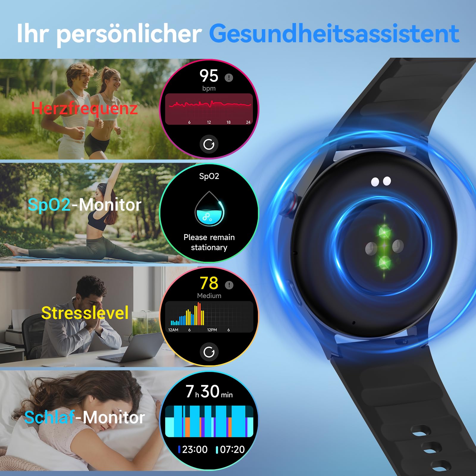 Smartwatch Herren Rund mit Telefonfunktion- 1.32" AMOLED Display, Fitnessuhr mit 110+ Sportmodi &3ATM, Uhren Damen Herren für iOS/Android Schrittzähler mit Pulsmesser/ SpO2/ Schlafmonitor- Schawrz 4