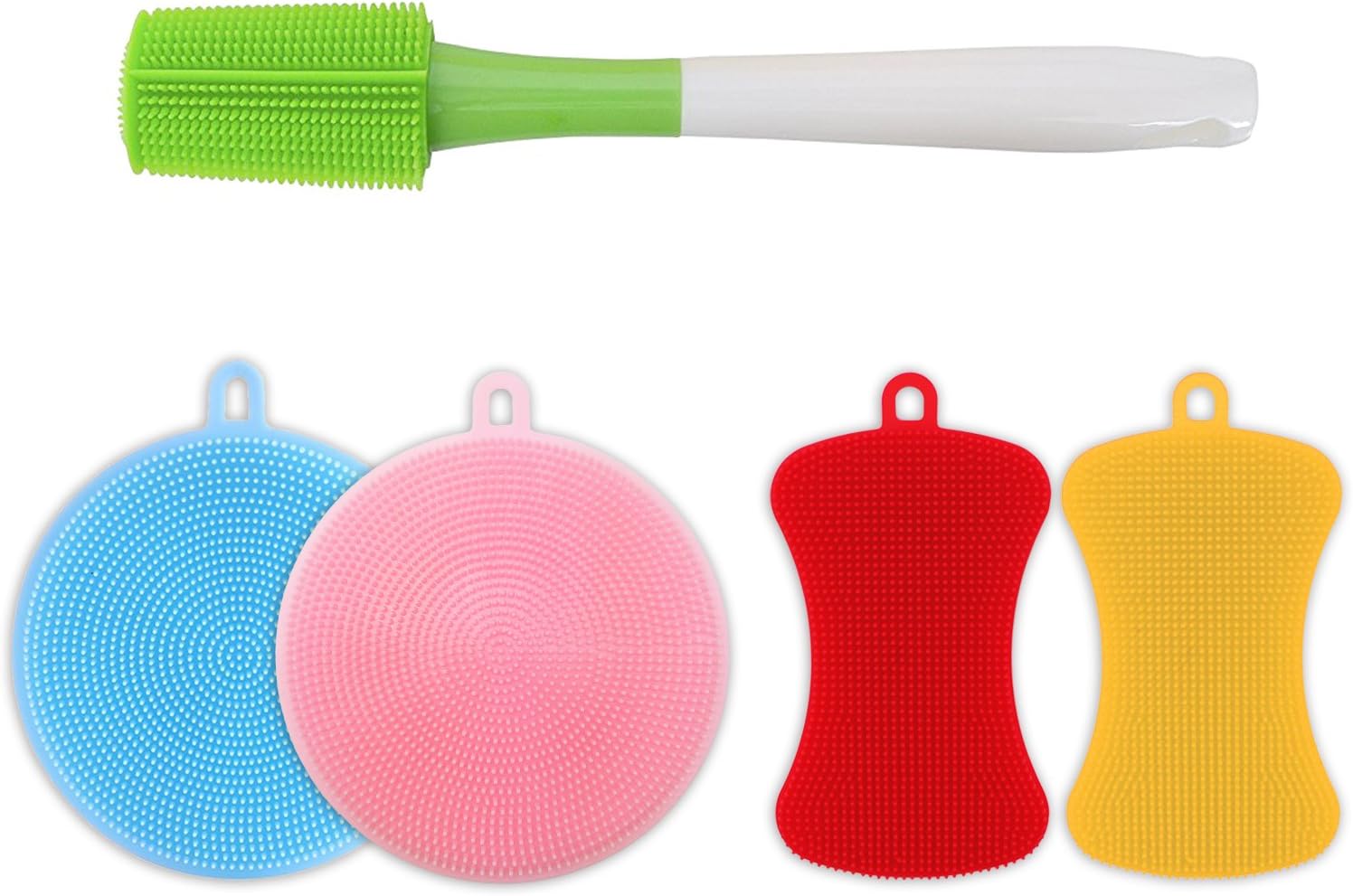 Sado Silicone Sponge & Dish Sponge & Fruit Vegetable Cleaning Sponge - Antibacterial Multi Purpose Practical use (1 Piece Silicone Cleaning Brush 24 cm, 4 Piece Silicone Sponge)