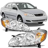 Headlight Assembly Set For 2003-2008 Toyota Corolla Sedan Chrome Amber | Replacement E130 S CE LE,Halogen Front Headlamp Housing,Reflector Clear Lens,Left Driver Right Passenger Hand(LH+RH)