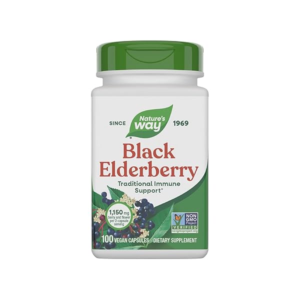 NATURE’S WAY BLACK ELDERBERRY CAPSULES, TRADITIONAL IMMUNE SUPPORT* SUPPLEMENT WITH ELDERBERRY AND ELDERFLOWER, PLANT POWERED, 100 CAPSULES (PACKAGING MAY VARY)