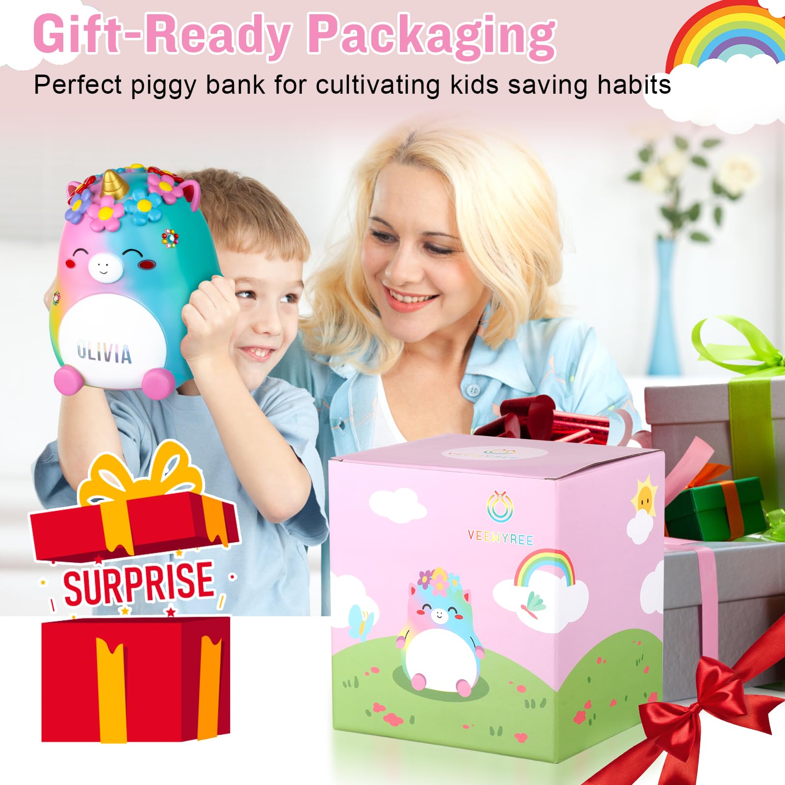 Unicorn Piggy Bank Girls – Cute Rainbow Kids Piggy Bank for Girls, Personalized Unbreakable Resin Coin Money Bank for Kids with Stickers for Toddlers