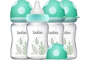 YOHKOH Natural Glass Baby Bottle with Level 1 Slow Flow Nipple, Newborn Anti-Colic Baby Bottles, Wide Neck Mushroom Baby Glass Bottle ((5.4oz (Pack of 4), Blue-A)