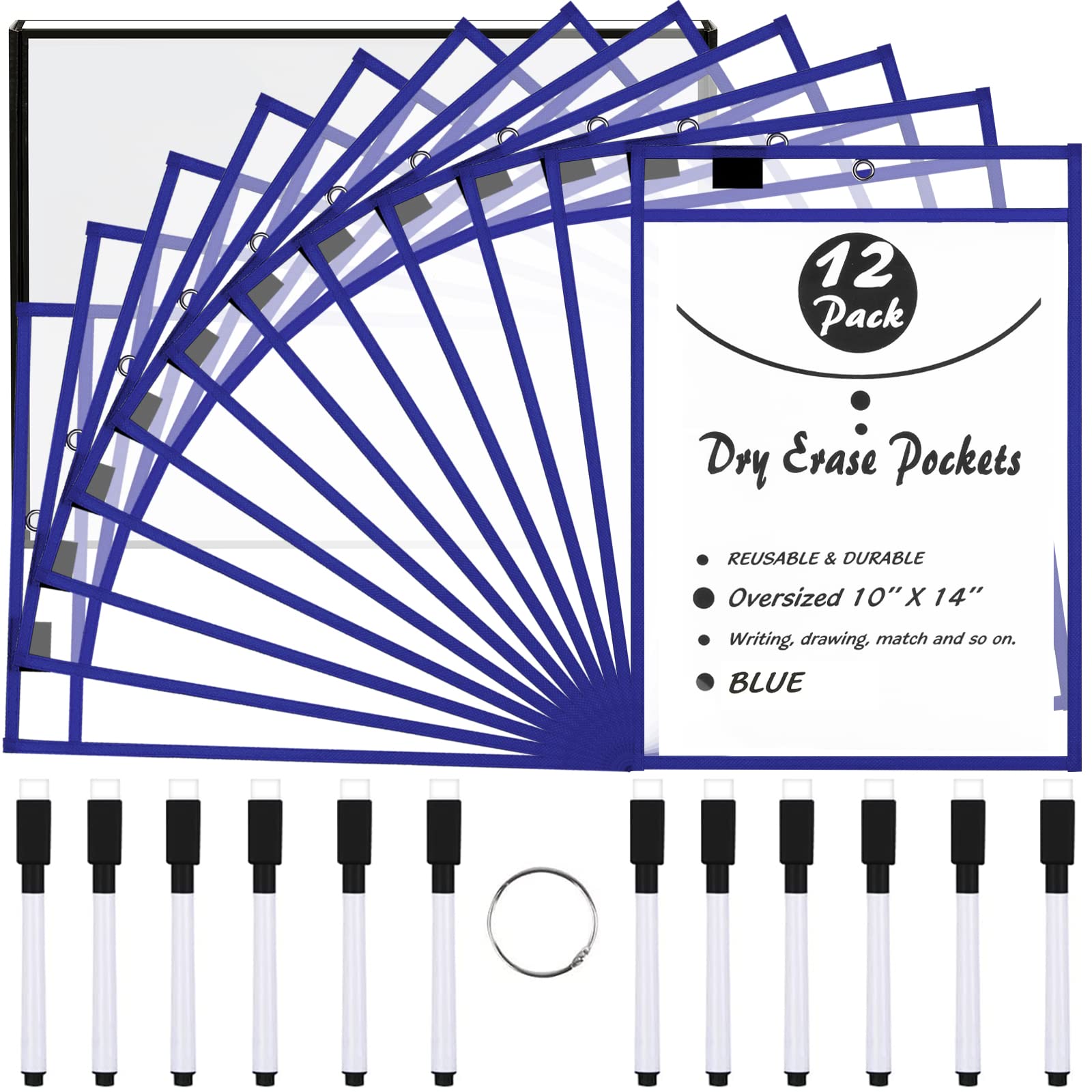 LVNRIDS 12 Pack Dry Erase Pockets Teacher Supplies, 10 x 14 Oversized Reusable Dry Erase Pocket Sleeves with 12 Erase Pens 1 Metal Ring for Paper Classroom School Office Warehouse Blue