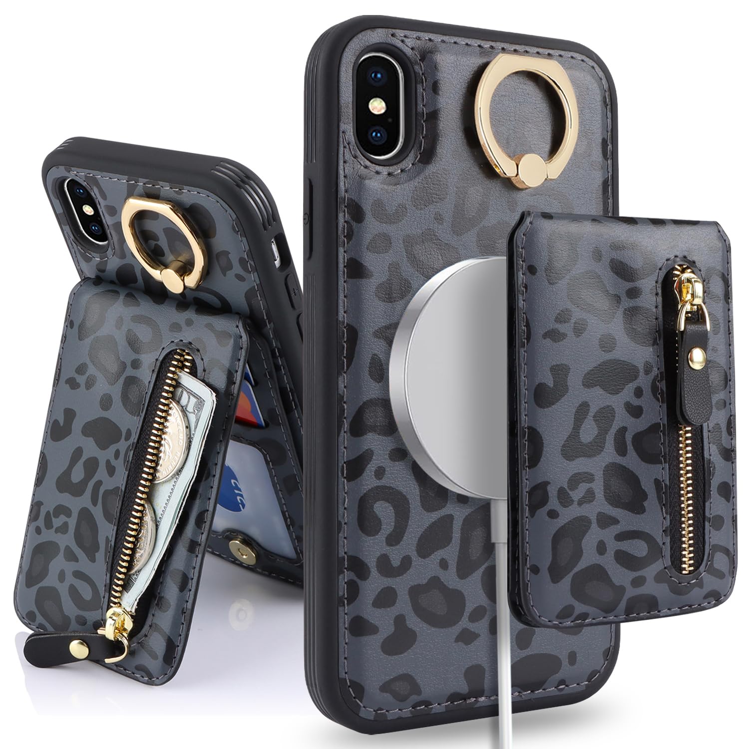 SailorTech Phone Case for iPhone XS Max Phone Case with Card Holder, Cover for iPhone XS Max Case Ring Stand with Kickstand Card Slots Wallet Detachable 2-in-1 Zipper Case - Black Leopard — image 1