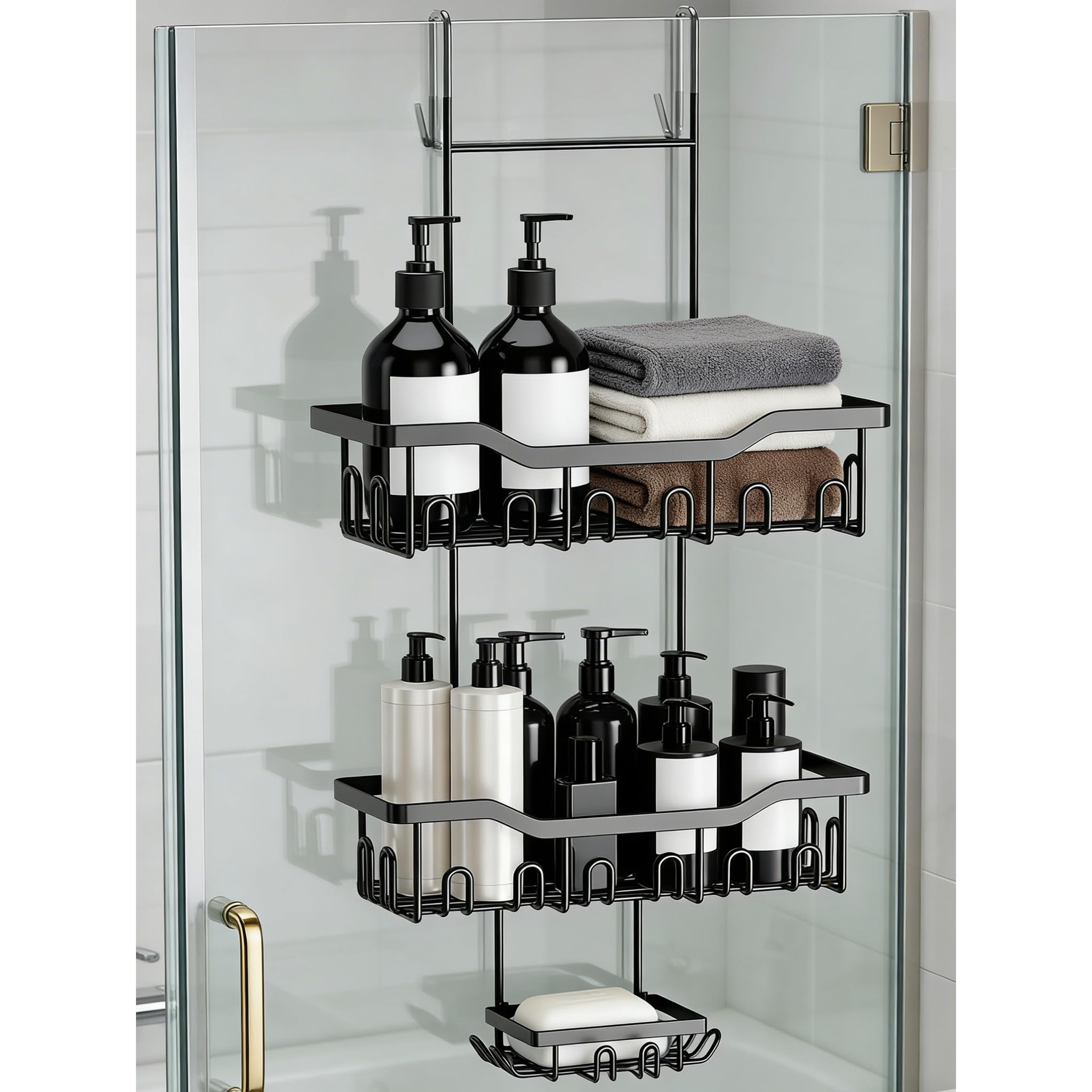 JOLY FANG Shower Shelf for Hanging, Shower Shelf No Drilling with Soap Dish, Multiple Hooks, Shower Basket, Hanging Bathroom Organiser (Black)