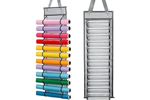 Caydo Vinyl Roll Holder with 12 Compartment, Hooks and Strap, Wall Mounting Vinyl Roll Storage Organizer for Vinyl Roll, Gift Wrap, Craft Paper for Home Closet (Single Sided)