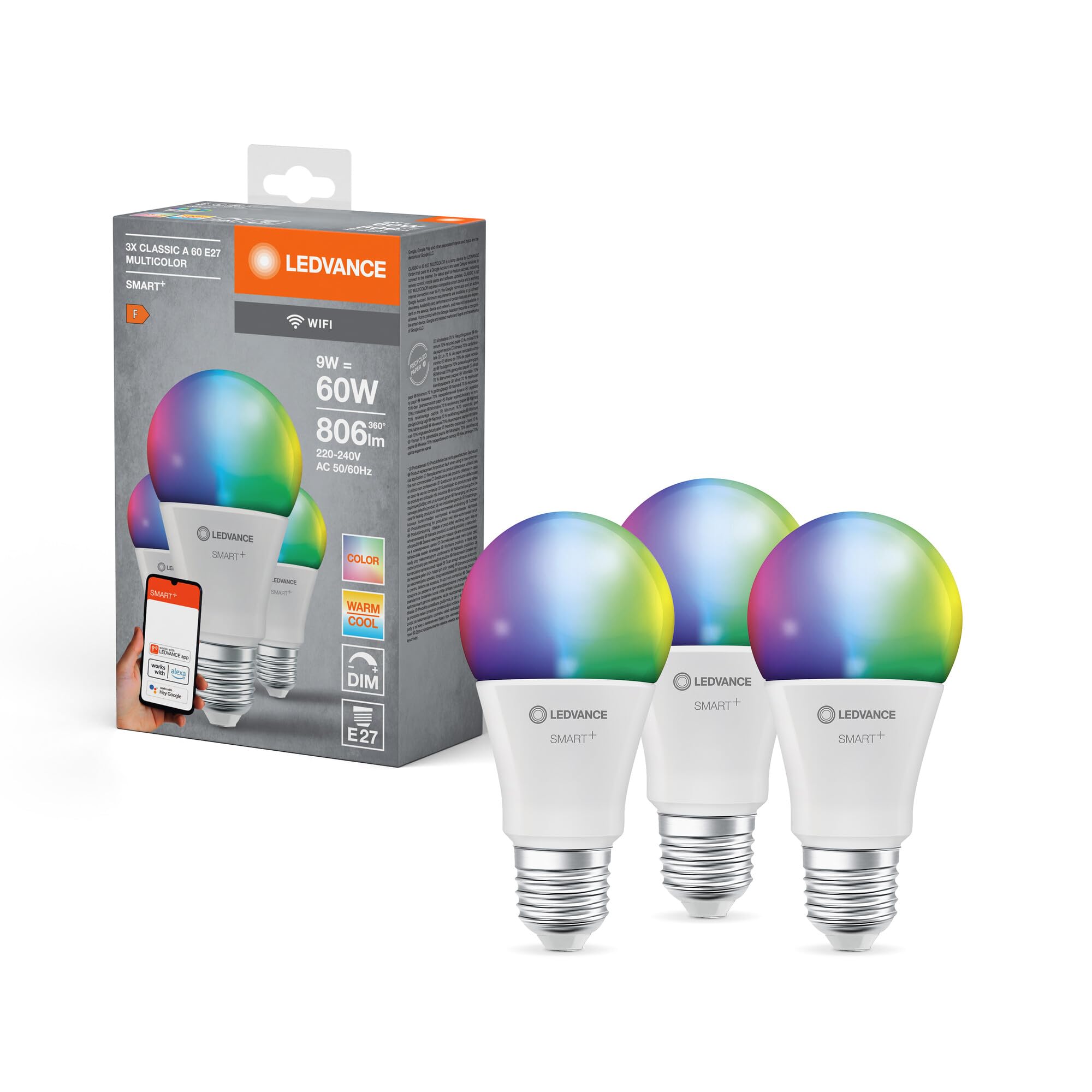 LEDVANCE Smart LED lamp with WiFi Technology, E27-base matt Optics ,RGBW Colours Changeable, Light Colour Changeable (2700K-6500K), 806 Lumen, 60W-Replacement, Smart dimmable, 3-Pack