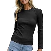 Sidefeel Long Sleeve Shirts for Women 2026 Spring Outfits Crewneck Ribbed Knit Slim Fitted Going Out Tops Casual Basic Tees