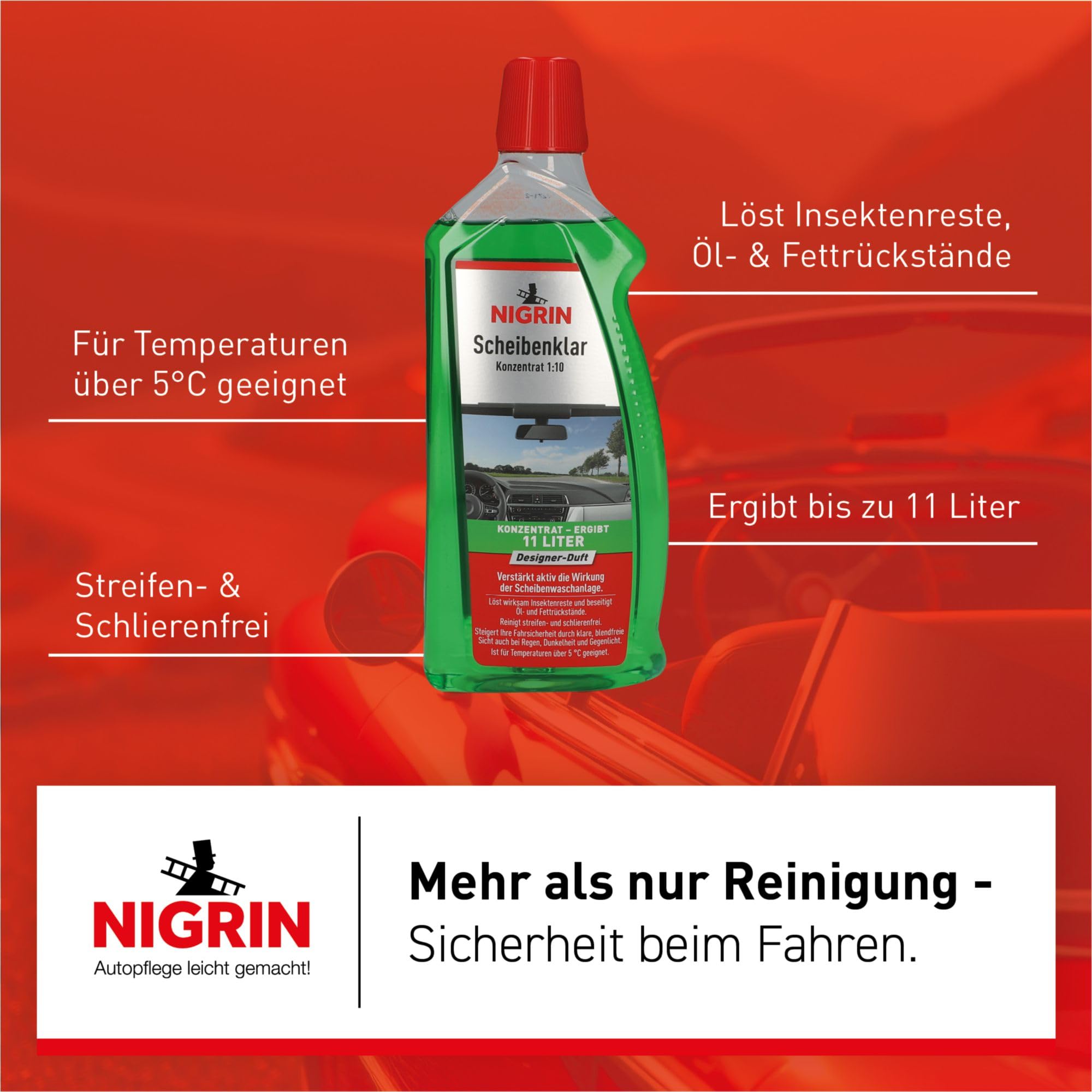 NIGRIN Scheibenklar Konzentrat 1:10 Designer Duft | 1 Liter | Reinigungszusatz für Autoscheiben und Scheinwerfer | entfernt Insekten, Öl, Fett | schlierenfrei | verhindert Streulicht | ab 5 °C 6