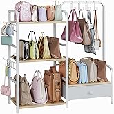 Purse Organizer for Closet, with Bottom Drawer, Extra Large Capacity 3 Tier Handbag Storage Rack for Women, 10 Purse Hanger and Hooks for Bag Organizer, Floor-Standing, Home, Living Room (Wooden)